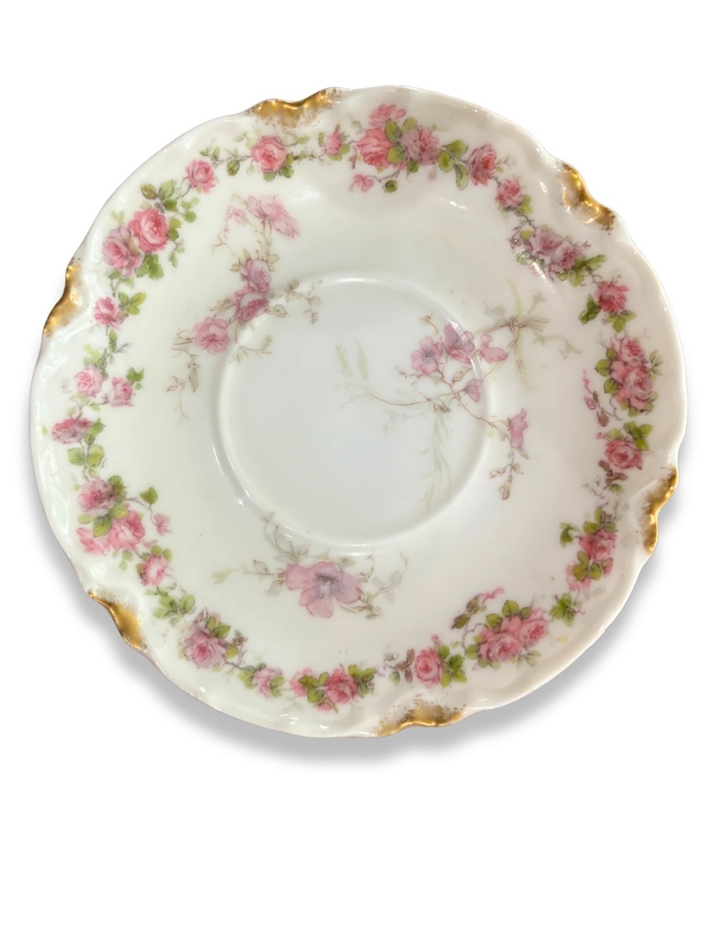 Antique Haviland Limoges France Pink Floral Saucer 4.75” Gold Trim Cottagecore